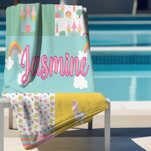 Personalized Beach Towel, Custom unicorn Name Beach Towel for Girls,  30x60 Beach Towel, Great Gift for Easter, Birthday, Vacation T50