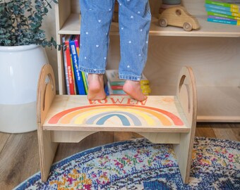 Toddler Step Stool Gift, Boho Room Wood Bed Step Stool for Gift, Birch Wood Foot Stool for Kids Climbing into Bed or Brushing Teeth