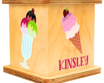 Personalized Child's Piggy Bank - Cute Ice Cream Decor - Custom Name - Nursery Shelf Decor - Unique Money Bank - Rainbow Umbrella Theme