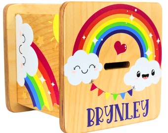 Wooden Piggy Bank for Kids | Rainbow Themed Nursery Shelf Décor Money Coin Bank | Personalized Piggy Bank for Boys & Girls