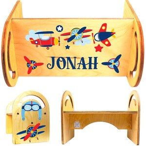 Toddler Step Stool Gift, Airplane Themed Bed Step Stool for Gift, Birch Wood Foot Stool for Kids Climbing into Bed or Brushing Teeth