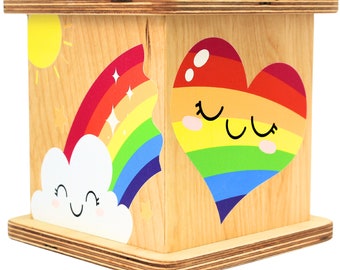Personalized Rainbow Baby Coin Box Gift, Cute Wood Piggy Bank With Custom Name, Unique Kids Coin Bank Gift For Boy Or Girl