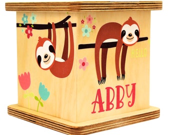 Personalized Sloth Theme Kids Piggy Bank - Custom Name Coin Bank - Cute Wood Piggy Bank - Unique Nursery Shelf Decor- Sloth Newborn Gift