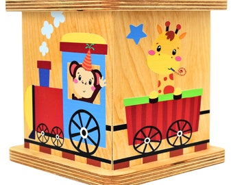 Personalized Wood Piggy Bank - Cute Train Design - Child's Coin Bank - Nursery Shelf Decor - Unique Baby Gift - Newborn Gift - Birthday Gift