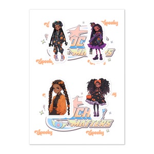 かわいい黒人の女の子のステッカーシート、ノート用、ガーリーなハロウィーンのステッカー、トレンディで不気味なステッカー、黒人の女の子の美的デカール
