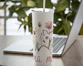 Taza de vaso para mamá, regalo de hija para mamá, vaso de acero para mamá, vaso con pajita, vaso delgado de acero inoxidable, vaso floral