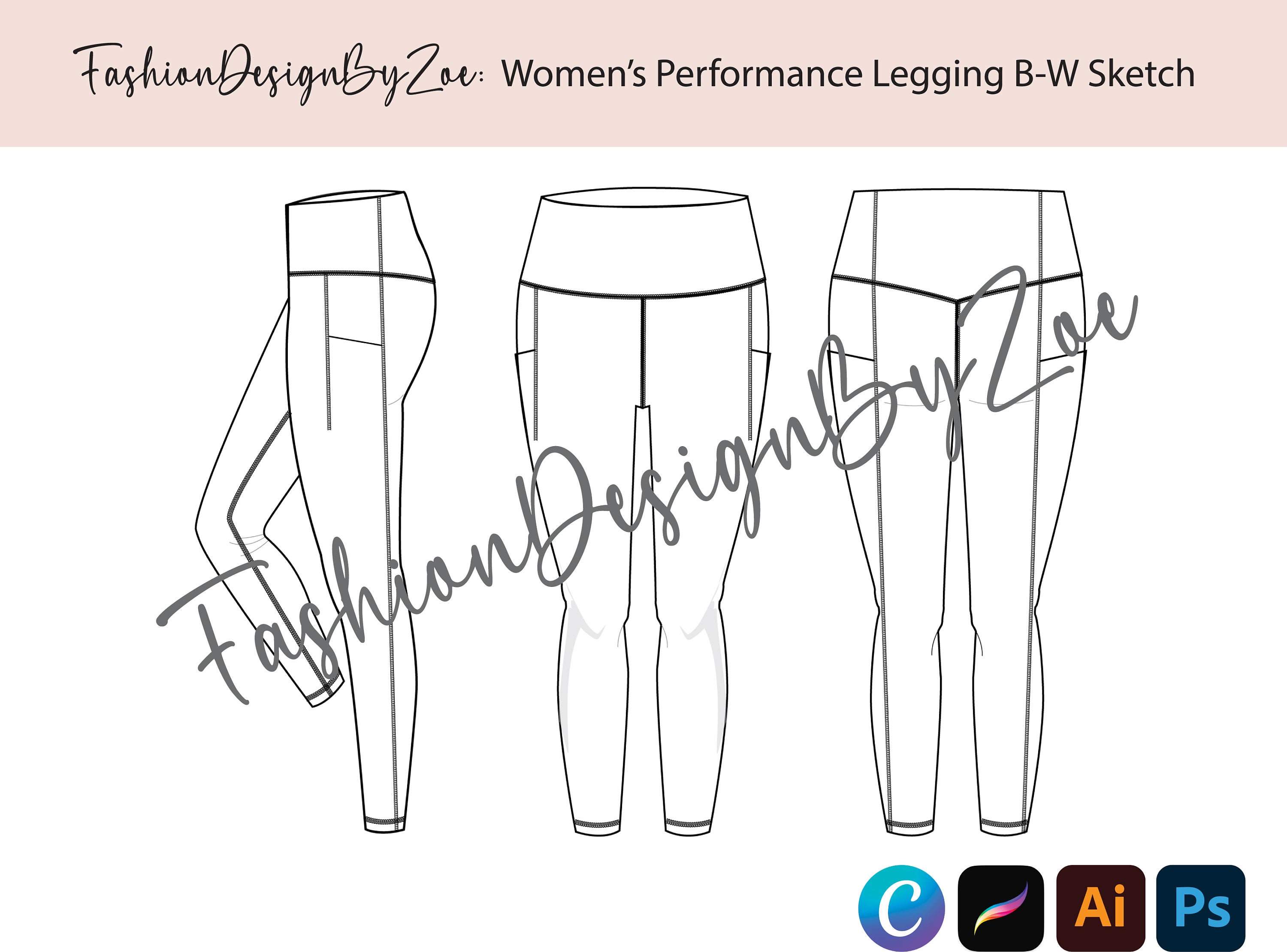 Women's Active Legging With Pockets Front, Back and Side View Illustrator  Flat Sketch, Ai, PDF, PNG, CAD, Vector File 