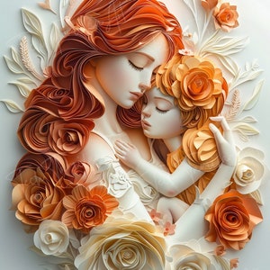 May include: A papercraft sculpture of a mother and child embracing, surrounded by delicate paper flowers in shades of orange, white, and cream.