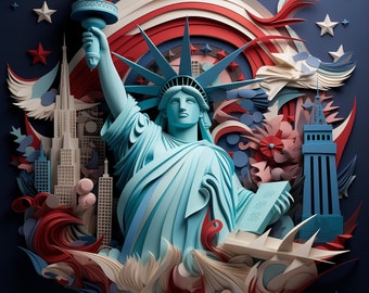 May include: A paper craft artwork depicting the Statue of Liberty, the Empire State Building, and other iconic landmarks of New York City. The artwork is made with colourful paper and features a red, white, and blue colour scheme.