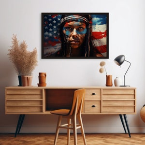 May include: A framed artwork featuring a portrait of a person with face paint, set against a backdrop of the American flag. The person has dark hair and is wearing a headband. The artwork is displayed above a wooden cabinet.