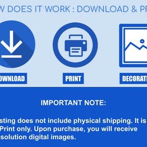 Puede incluir: Un gr&aacute;fico azul que muestra c&oacute;mo descargar e imprimir im&aacute;genes digitales. El gr&aacute;fico muestra un icono de descarga, un icono de impresora y un icono de marco de imagen. El texto "HOW DOES IT WORK: DOWNLOAD & PRINT" est&aacute; en la parte superior del gr&aacute;fico. El texto "DOWNLOAD", "PRINT" y "DECORATE" est&aacute;n debajo de los iconos. El texto "IMPORTANT NOTE:" est&aacute; en la parte superior del cuadro de texto azul. El texto "This Listing does not include physical shipping. It is for a digital Print only. Upon purchase, you will receive high-resolution digital images." est&aacute; en el cuadro de texto azul.