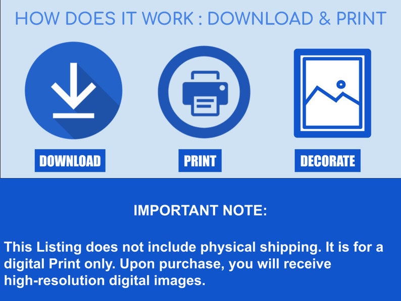 Puede incluir: Un gr&aacute;fico azul que muestra c&oacute;mo descargar e imprimir im&aacute;genes digitales. El gr&aacute;fico muestra un icono de descarga, un icono de impresora y un icono de marco de imagen. El texto "HOW DOES IT WORK: DOWNLOAD & PRINT" est&aacute; en la parte superior del gr&aacute;fico. El texto "DOWNLOAD", "PRINT" y "DECORATE" est&aacute;n debajo de los iconos. El texto "IMPORTANT NOTE:" est&aacute; en la parte superior del cuadro de texto azul. El texto "This Listing does not include physical shipping. It is for a digital Print only. Upon purchase, you will receive high-resolution digital images." est&aacute; en el cuadro de texto azul.