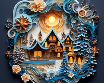 Puede incluir: Una ilustración de papel artesanal que representa una escena de invierno con una casa, árboles y una luna. La ilustración está hecha de papel azul, blanco y marrón y está decorada con intrincados detalles.