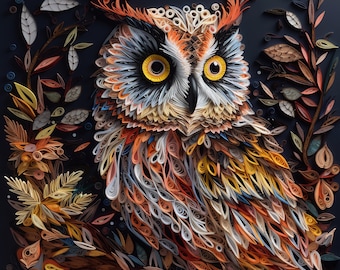 May include: A detailed paper quilling artwork of an owl with intricate patterns and colors. The owl is made of curled paper strips in shades of brown, orange, yellow, white, and blue. The background is a dark blue.