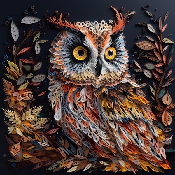 Wise Beauty - A Highly Detailed Paper Quilled and Crafted Digital Generative Art of an Owl - Collection