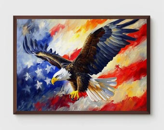 Puede incluir: Una pintura de un águila calva volando frente a una bandera estadounidense. El águila tiene un pico amarillo y plumas blancas en la cabeza y la cola. La bandera está pintada de forma estilizada con colores rojo, blanco y azul.