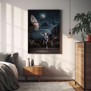 Shoot for the Moon - Digital Picture of a Kid Playing Basketball with the Moon - Generative AI Art