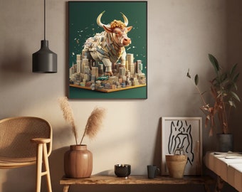 Puede incluir: Una impresión artística enmarcada que presenta un toro estilizado sobre una ciudad en miniatura. El toro está compuesto por varias texturas y colores, con un fondo verde. La obra de arte se exhibe en un entorno interior moderno.