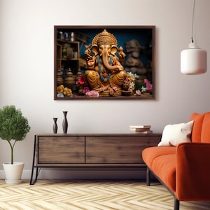 May include: A framed artwork featuring a golden statue of Ganesha, adorned with turquoise and seated amidst flowers. The artwork is displayed above a wooden cabinet, complemented by an orange sofa and a small potted tree, creating a warm, inviting ambiance.