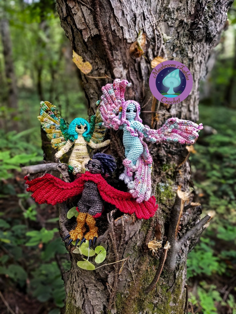 Crochet doll harpy fantasy amigurumi. Whimsical and funny.