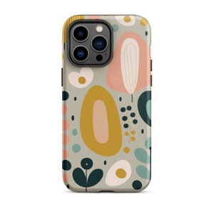 Pode incluir: Uma capa de telefone com um padr&atilde;o floral abstrato colorido. A capa apresenta uma variedade de formas e cores, incluindo rosa, amarelo, verde e azul. A capa &eacute; projetada para caber em um iPhone.