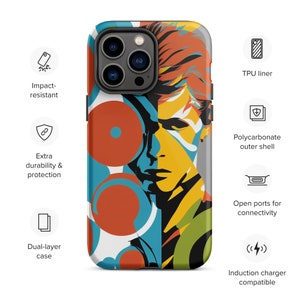 Pode incluir: Uma capa de telefone de dupla camada com um design abstrato colorido que apresenta um rosto e formas geométricas. A capa é resistente a impactos, oferece durabilidade e proteção adicionais e é compatível com carregamento sem fio.