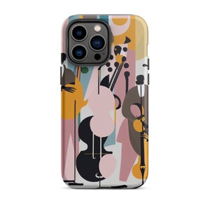 Pode incluir: Uma capa de telefone com um design abstrato colorido que apresenta músicos tocando instrumentos. O design inclui um violoncelo rosa, preto e branco, um saxofone marrom e duas figuras em amarelo, marrom e rosa.