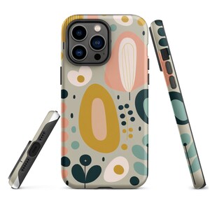 Pode incluir: Uma capa de telefone com um padr&atilde;o geom&eacute;trico que apresenta formas abstratas em tons de rosa, amarelo, verde e azul sobre um fundo cinza claro.