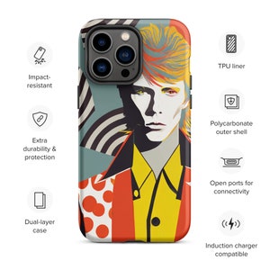 Pode incluir: Uma capa de telefone de dupla camada com um design abstrato colorido que apresenta um retrato de um homem com acentos vermelhos, amarelos e azuis. A capa é resistente a impactos e compatível com carregamento sem fio.