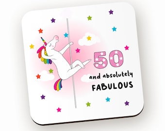 Funny 50th Birthday Gift - 50 and Fabulous Wooden Coaster - SWC01