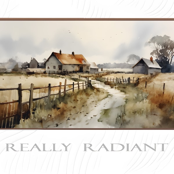 Frame TV Art Beautiful Countryside Farm House Watercolor with Neutral Colors Warm and Serene Instant Digital Download 2