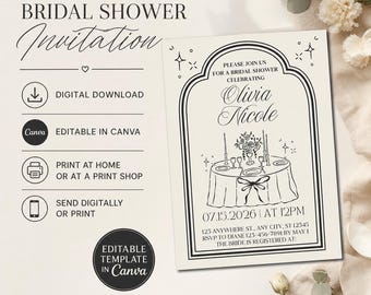 Invitación editable para despedida de soltera, plantilla minimalista de Canva, invitación imprimible en tonos neutros, descarga instantánea.