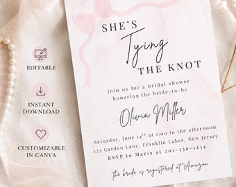 Invitación editable para despedida de soltera, plantilla con lazo de acuarela en tono rosa (descarga digital)