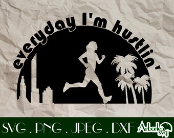 May include: Black and white graphic design featuring a running figure, palm trees, and a cityscape silhouette. The text "everyday I'm hustlin'" arcs around the top. The design is on a textured, off-white background.
