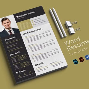 Puede incluir: Una plantilla de currículum con una foto de un hombre con traje, lápices y clips. El currículum tiene secciones para educación, experiencia laboral, habilidades y premios. Se muestra el texto "Word Resume/CV Template".