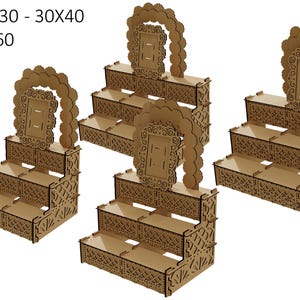 May include: Four tiered wooden cake stands with intricate cutouts and a decorative frame at the top. The stands are available in four sizes: 30x20, 30x30, 30x40, and 30x50.