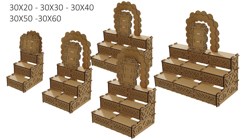 May include: Four tiered wooden cake stands with intricate cutouts and a decorative frame at the top. The stands are available in four sizes: 30x20, 30x30, 30x40, and 30x50.