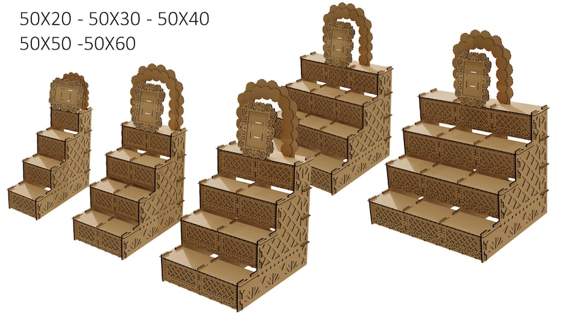 May include: Four wooden tiered display stands with intricate cut-out designs. The stands are in various sizes, with the largest stand having five tiers and the smallest stand having four tiers. The stands are made of brown wood and have a decorative arch at the top.