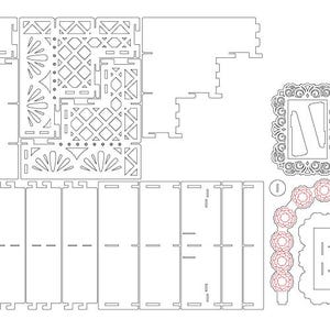 May include: A black and white line drawing of a printable papercraft model of an altar with a decorative frame, candles, and a skull. The model is designed to be assembled from multiple pieces.