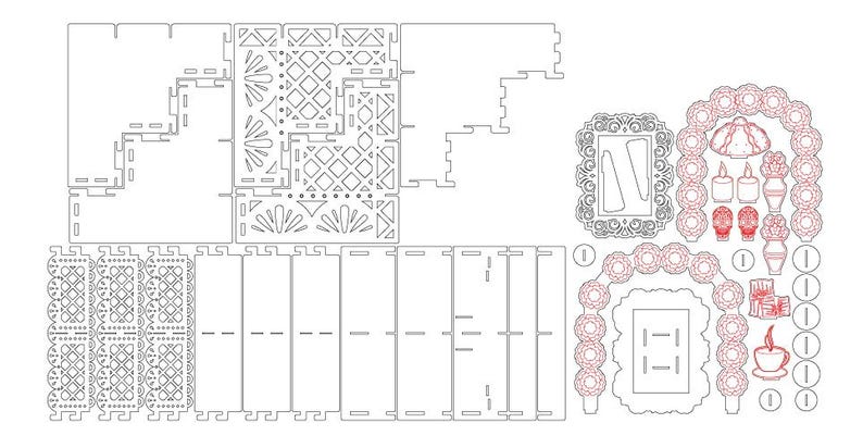 May include: A black and white line drawing of a printable papercraft model of an altar with a decorative frame, candles, and a skull. The model is designed to be assembled from multiple pieces.