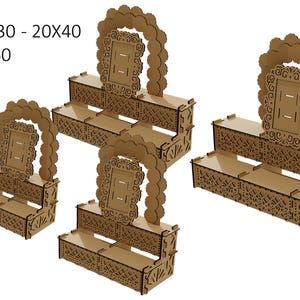 May include: Set of five wooden cake stands with intricate cutouts and a decorative frame. The stands are available in four sizes: 20x20, 20x30, 20x40, 20x50, and 20x60.