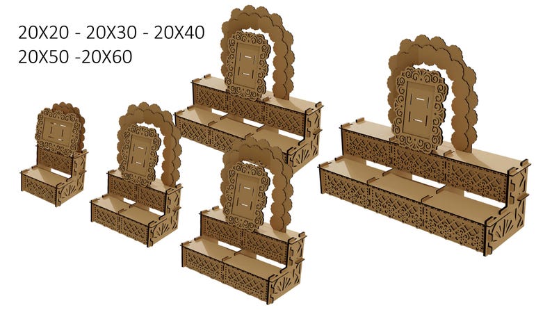 May include: Set of five wooden cake stands with intricate cutouts and a decorative frame. The stands are available in four sizes: 20x20, 20x30, 20x40, 20x50, and 20x60.