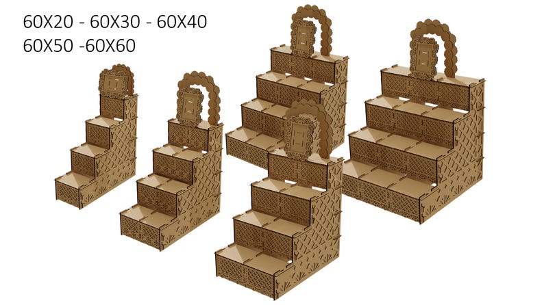 May include: Four wooden tiered display stands with decorative cutouts. The stands are 60x20, 60x30, 60x40, and 60x50, 60x60 inches.