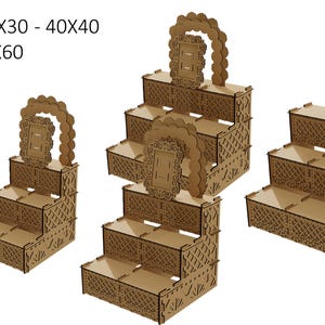 May include: Four tiered display stands made of wood with a decorative frame at the top. The stands are available in four sizes: 40x20, 40x30, 40x40, and 40x60.