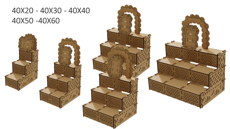 May include: Four tiered display stands made of wood with a decorative frame at the top. The stands are available in four sizes: 40x20, 40x30, 40x40, and 40x60.