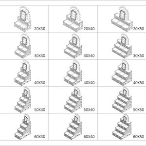 May include: A set of 25 black and white line drawings of tiered display stands with arches. The stands are shown in various sizes, ranging from 20 inches by 20 inches to 60 inches by 60 inches. Each stand has a different number of tiers, ranging from two to five tiers.