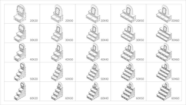 May include: A set of 25 black and white line drawings of tiered display stands with arches. The stands are shown in various sizes, ranging from 20 inches by 20 inches to 60 inches by 60 inches. Each stand has a different number of tiers, ranging from two to five tiers.