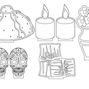 May include: A set of black and white printable cutouts for a Day of the Dead celebration. The set includes a traditional Mexican bread, two sugar skulls, two candles, two flower arrangements, and a cup of coffee.
