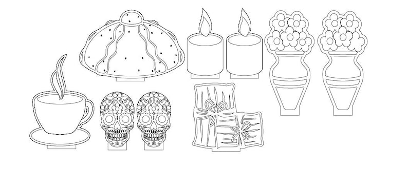 May include: A set of black and white printable cutouts for a Day of the Dead celebration. The set includes a traditional Mexican bread, two sugar skulls, two candles, two flower arrangements, and a cup of coffee.
