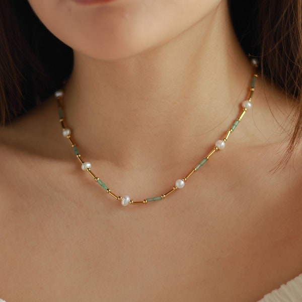 Dainty Jade Beaded Pendant Necklace | Gemstone Jade Bead Layering Necklace | Gift For Her | 18K Gold Green Jade Freshwater Pearl Choker